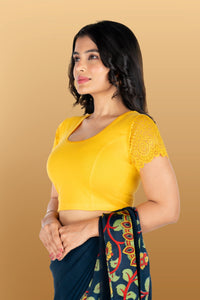 Abhi Cotton Readymade Saree Blouse for Women- Half Net Sleeves, Round Neck, Regular-fit, Stretchable, Pull-on Style Blouse