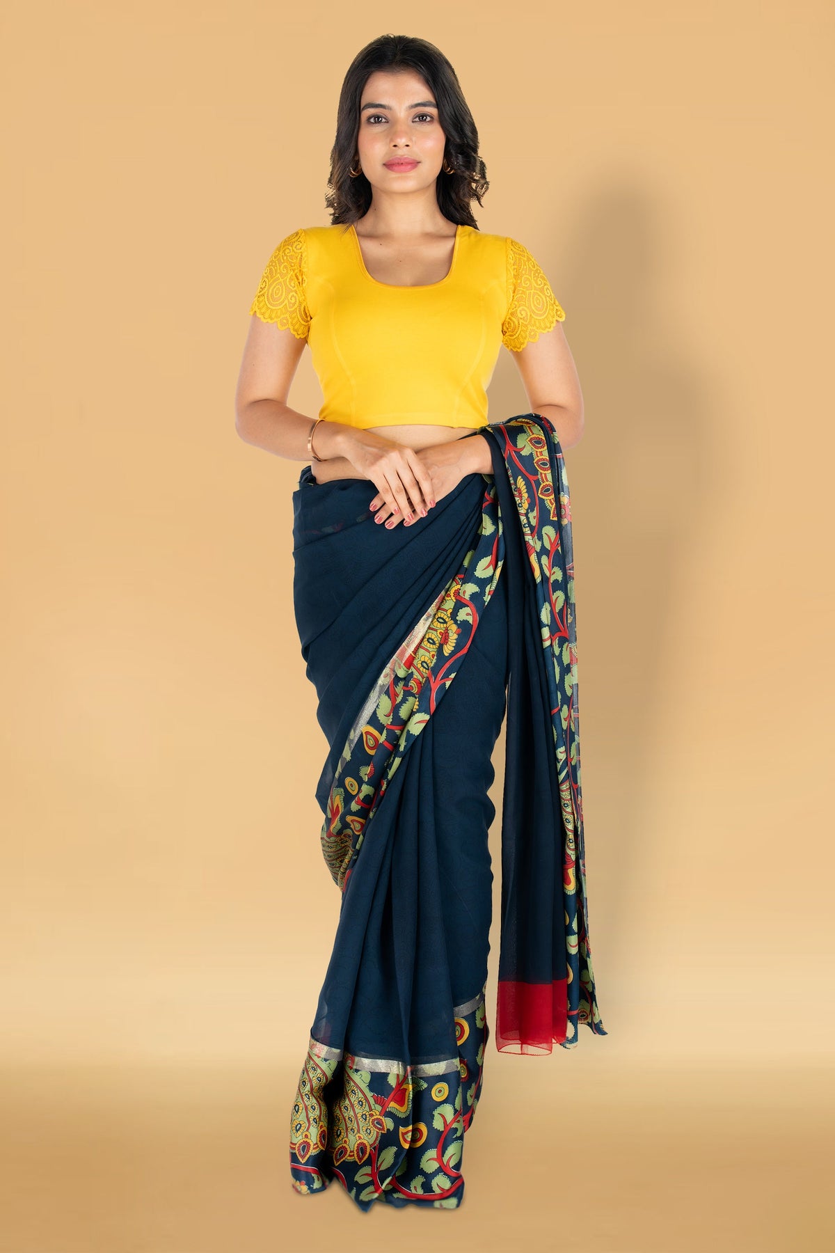 Abhi Cotton Readymade Saree Blouse for Women- Half Net Sleeves, Round Neck, Regular-fit, Stretchable, Pull-on Style Blouse