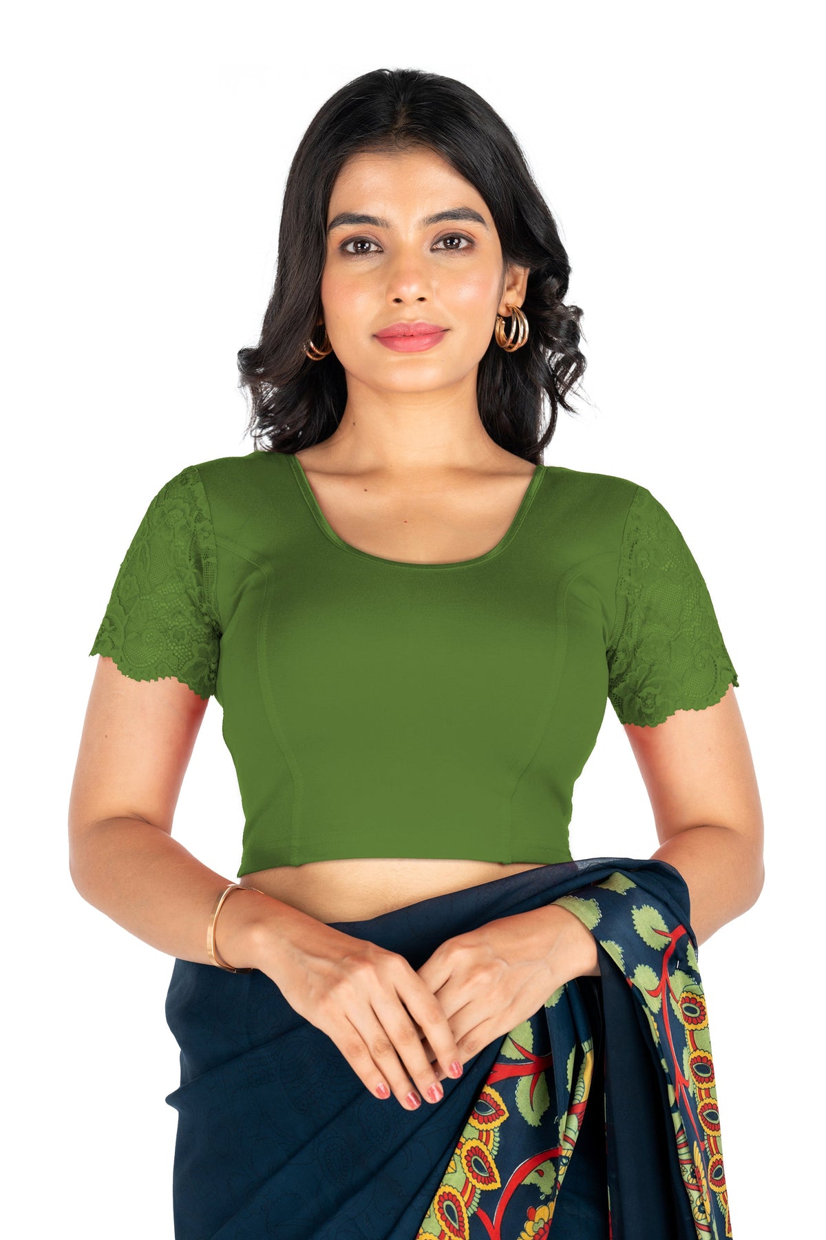 Abhi Cotton Readymade Saree Blouse for Women- Half Net Sleeves, Round Neck, Regular-fit, Stretchable, Pull-on Style Blouse