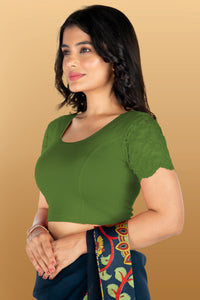 Abhi Cotton Readymade Saree Blouse for Women- Half Net Sleeves, Round Neck, Regular-fit, Stretchable, Pull-on Style Blouse
