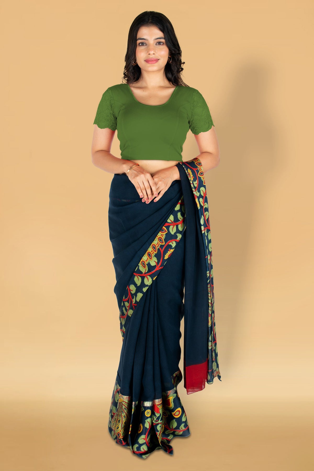 Abhi Cotton Readymade Saree Blouse for Women- Half Net Sleeves, Round Neck, Regular-fit, Stretchable, Pull-on Style Blouse