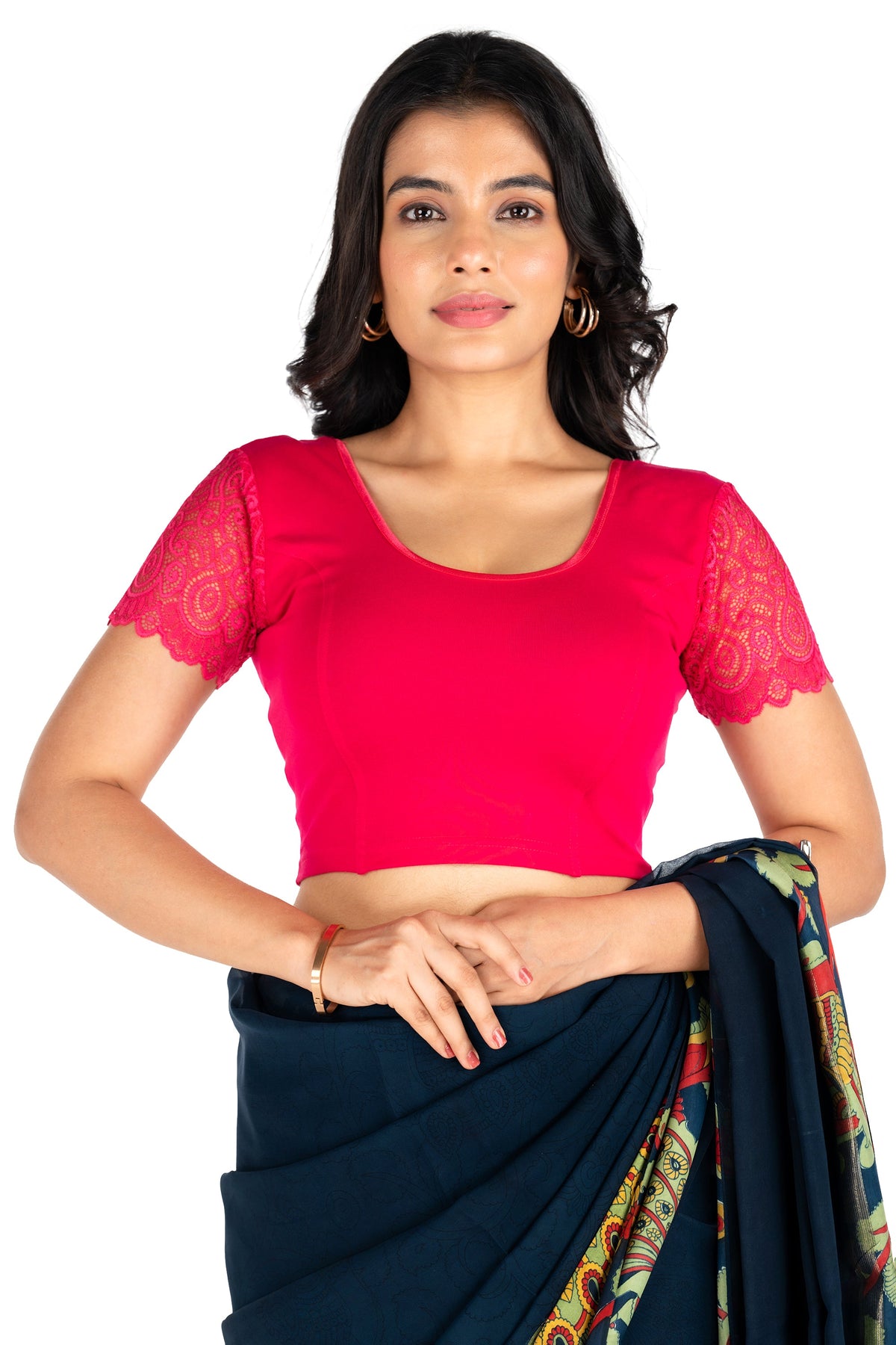 Abhi Cotton Readymade Saree Blouse for Women- Half Net Sleeves, Round Neck, Regular-fit, Stretchable, Pull-on Style Blouse