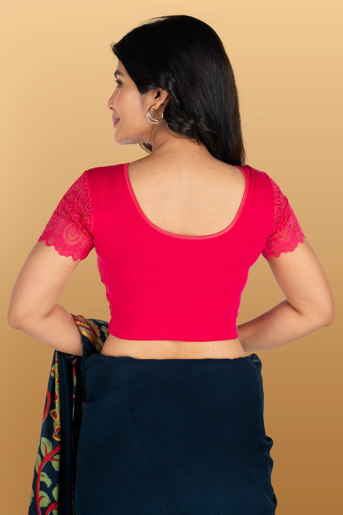Abhi Cotton Readymade Saree Blouse for Women- Half Net Sleeves, Round Neck, Regular-fit, Stretchable, Pull-on Style Blouse