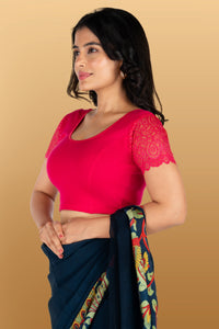 Abhi Cotton Readymade Saree Blouse for Women- Half Net Sleeves, Round Neck, Regular-fit, Stretchable, Pull-on Style Blouse