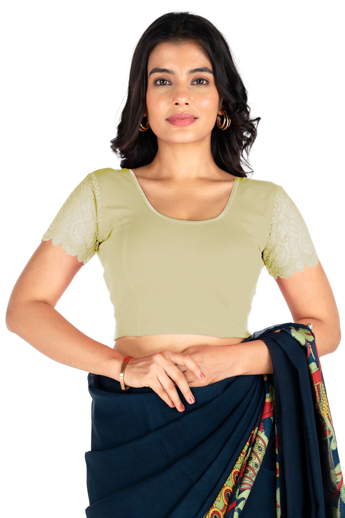 Abhi Cotton Readymade Saree Blouse for Women- Half Net Sleeves, Round Neck, Regular-fit, Stretchable, Pull-on Style Blouse_1620
