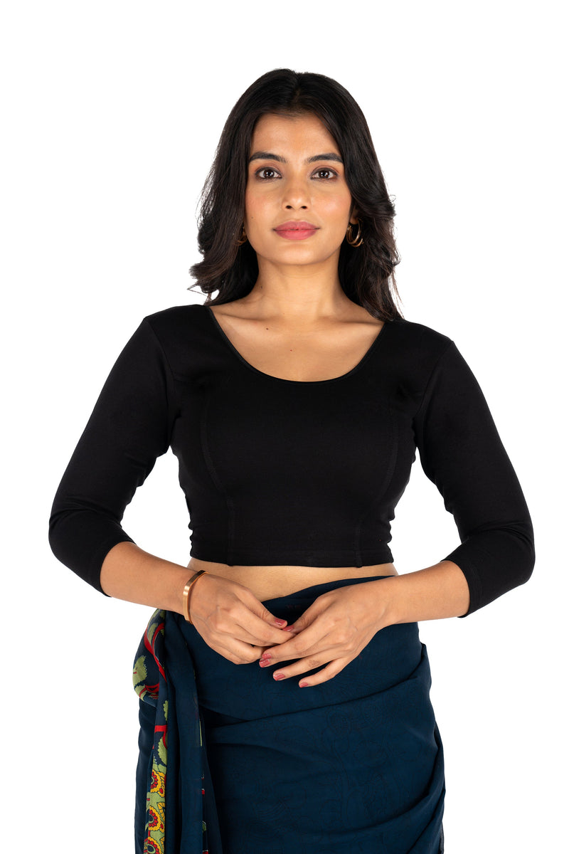 Abhi Cotton Readymade Saree Blouse for Women- 3/4 Sleeve, Round Neck, Regular-fit, Stretchable, Pull-on Style