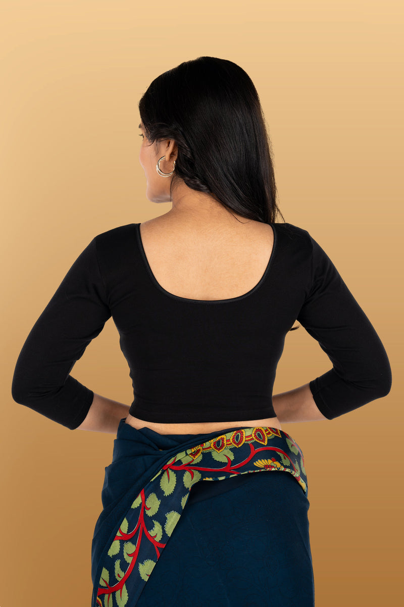 Abhi Cotton Readymade Saree Blouse for Women- 3/4 Sleeve, Round Neck, Regular-fit, Stretchable, Pull-on Style
