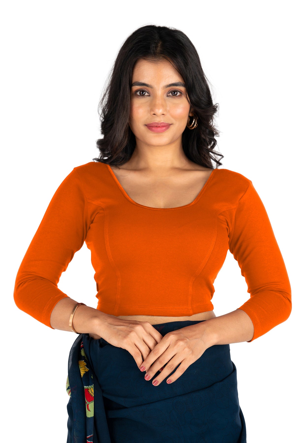 Abhi Cotton Readymade Saree Blouse for Women- 3/4 Sleeve, Round Neck, Regular-fit, Stretchable, Pull-on Style