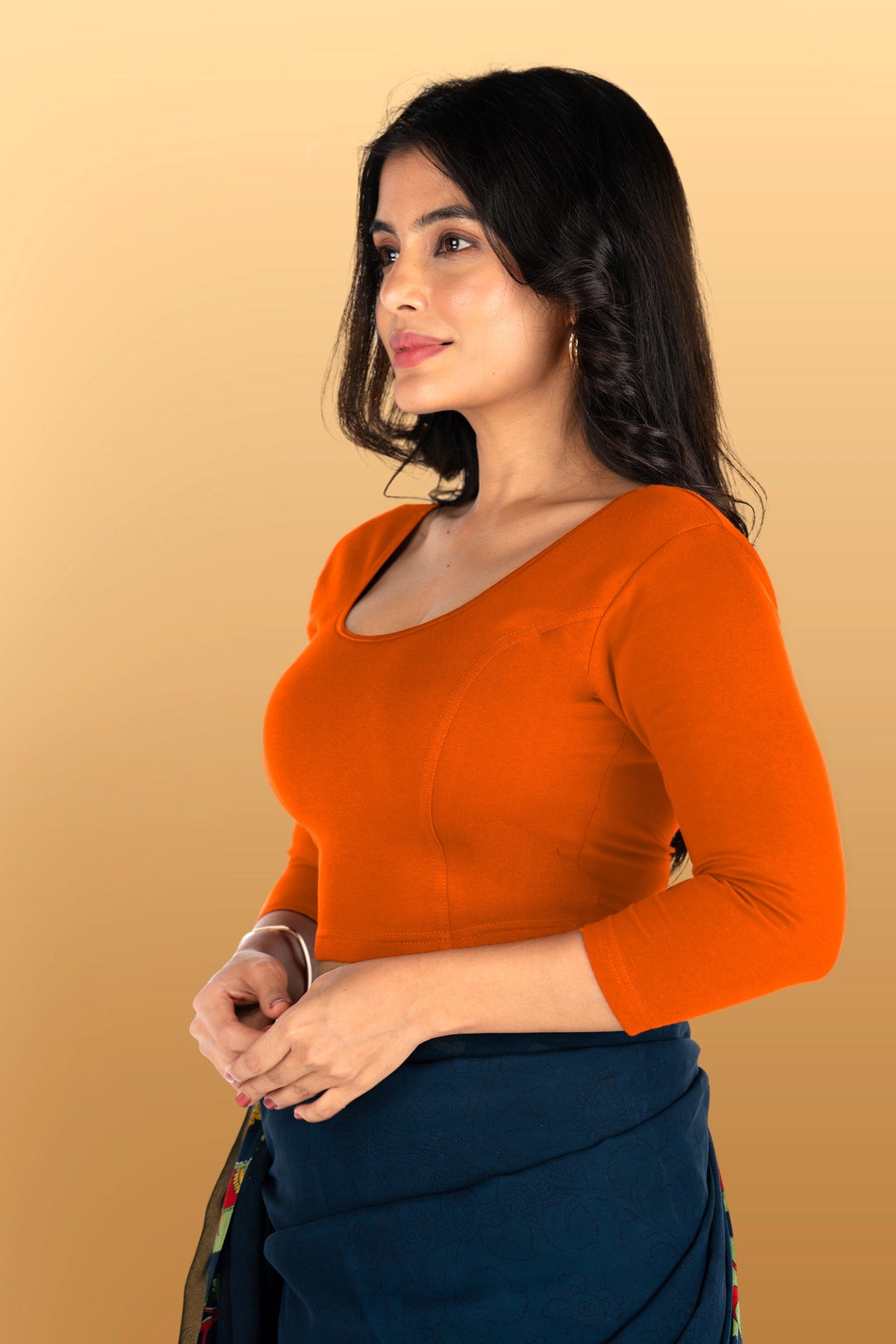 Abhi Cotton Readymade Saree Blouse for Women- 3/4 Sleeve, Round Neck, Regular-fit, Stretchable, Pull-on Style
