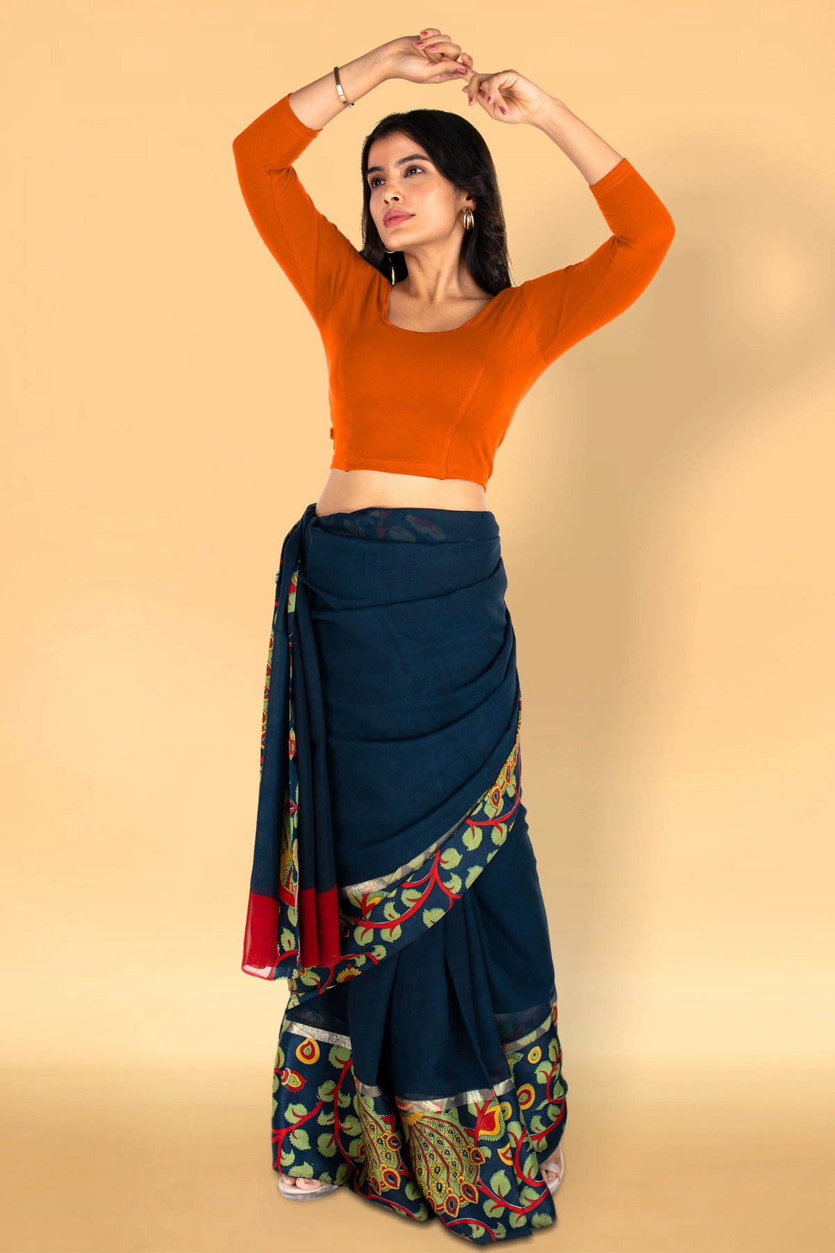 Abhi Cotton Readymade Saree Blouse for Women- 3/4 Sleeve, Round Neck, Regular-fit, Stretchable, Pull-on Style