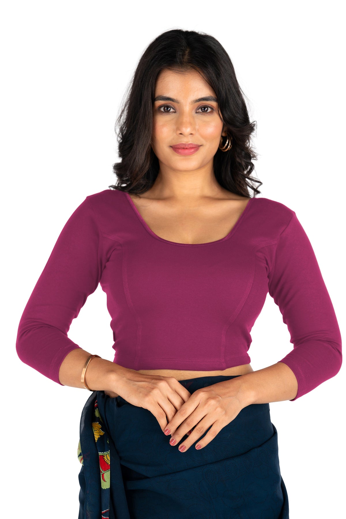 Abhi Cotton Readymade Saree Blouse for Women- 3/4 Sleeve, Round Neck, Regular-fit, Stretchable, Pull-on Style