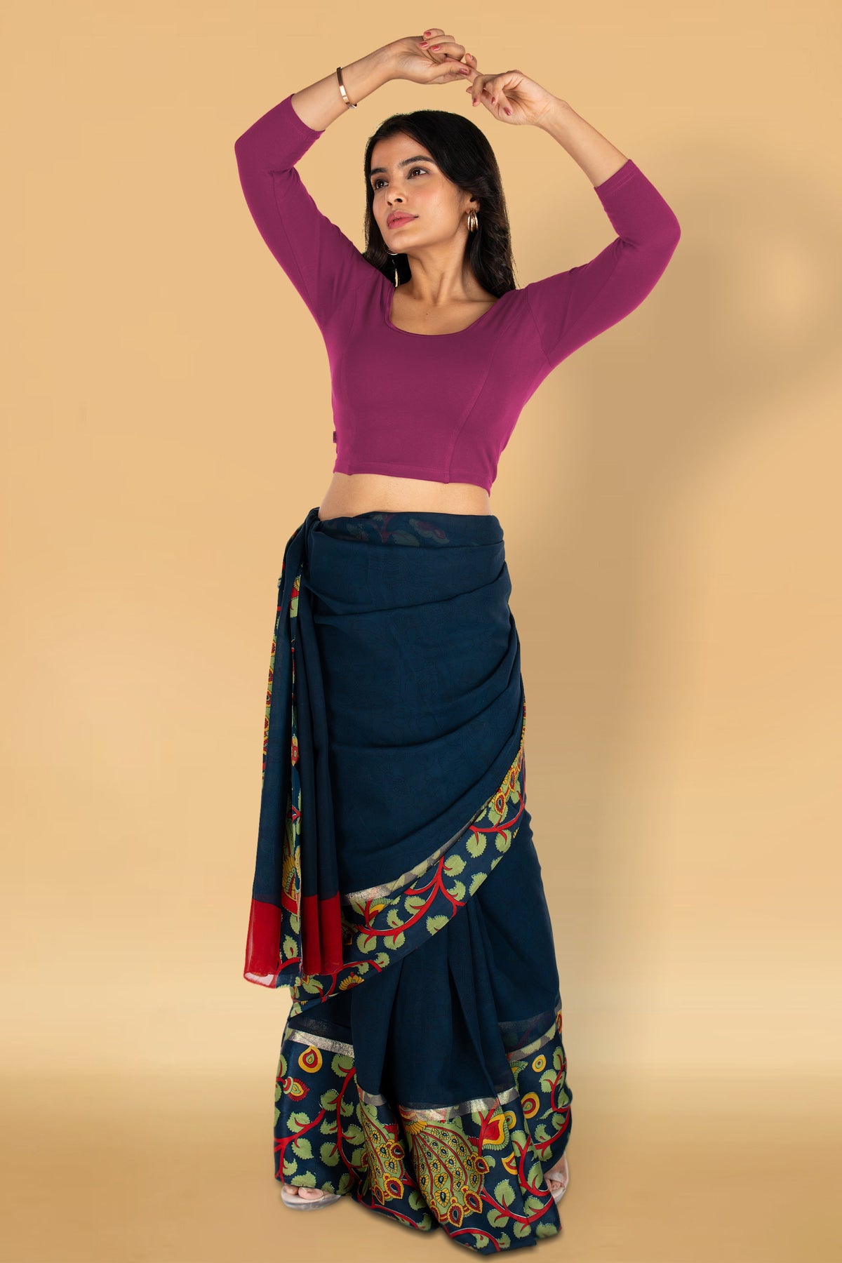 Abhi Cotton Readymade Saree Blouse for Women- 3/4 Sleeve, Round Neck, Regular-fit, Stretchable, Pull-on Style