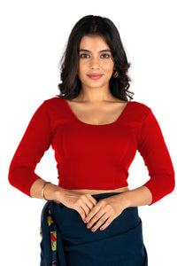 Abhi Cotton Readymade Saree Blouse for Women- 3/4 Sleeve, Round Neck, Regular-fit, Stretchable, Pull-on Style