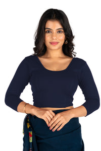 Abhi Cotton Readymade Saree Blouse for Women- 3/4 Sleeve, Round Neck, Regular-fit, Stretchable, Pull-on Style