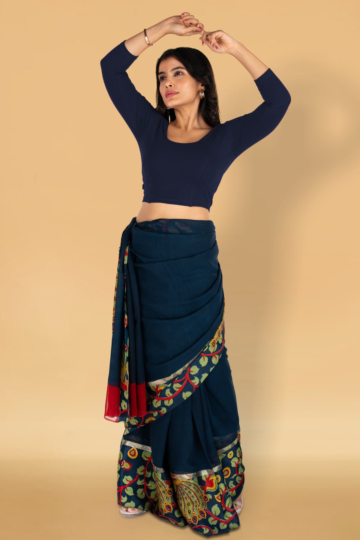 Abhi Cotton Readymade Saree Blouse for Women- 3/4 Sleeve, Round Neck, Regular-fit, Stretchable, Pull-on Style
