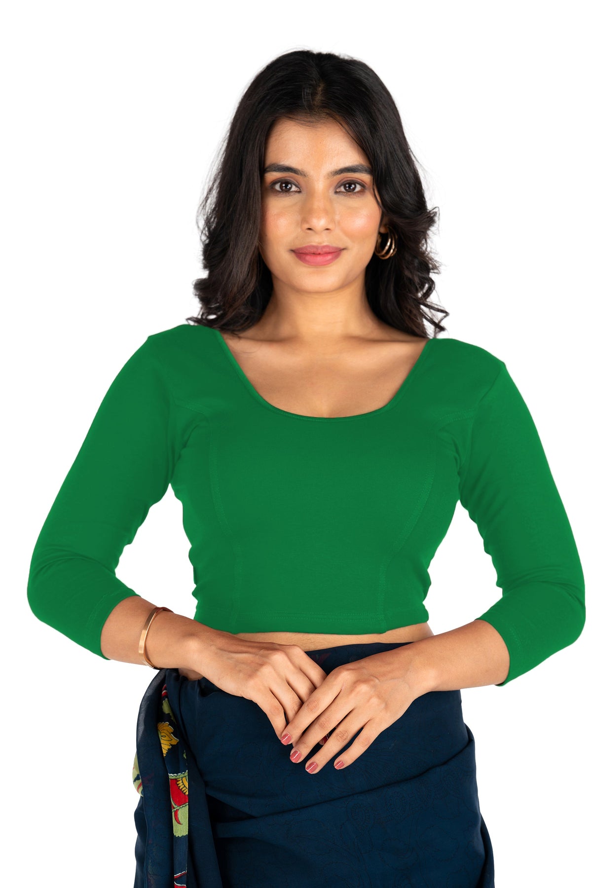 Abhi Cotton Readymade Saree Blouse for Women- 3/4 Sleeve, Round Neck, Regular-fit, Stretchable, Pull-on Style