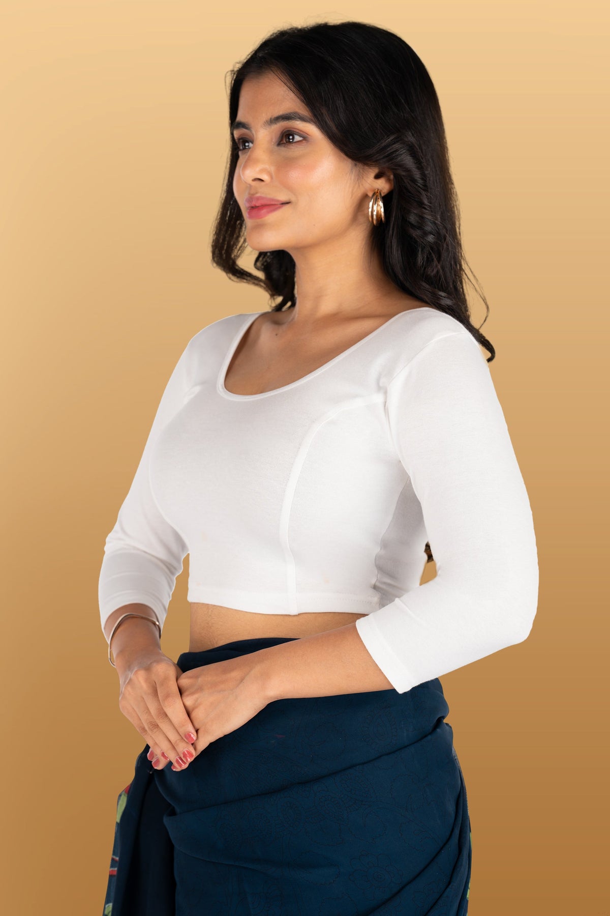 Abhi Cotton Readymade Saree Blouse for Women- 3/4 Sleeve, Round Neck, Regular-fit, Stretchable, Pull-on Style