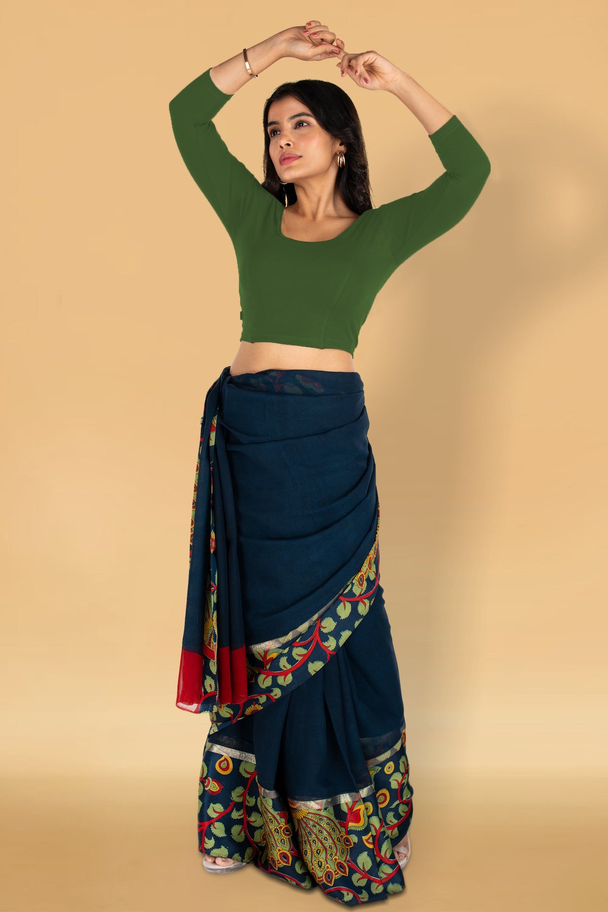 Abhi Cotton Readymade Saree Blouse for Women- 3/4 Sleeve, Round Neck, Regular-fit, Stretchable, Pull-on Style