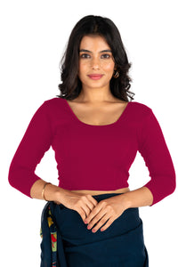 Abhi Cotton Readymade Saree Blouse for Women- 3/4 Sleeve, Round Neck, Regular-fit, Stretchable, Pull-on Style