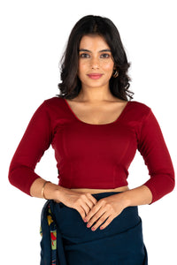 Abhi Cotton Readymade Saree Blouse for Women- 3/4 Sleeve, Round Neck, Regular-fit, Stretchable, Pull-on Style