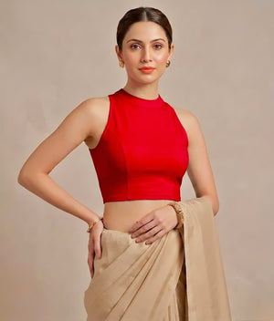 Abhi Women’s High Neck Sleeveless | Stretchable Readymade Crop Blouse Red