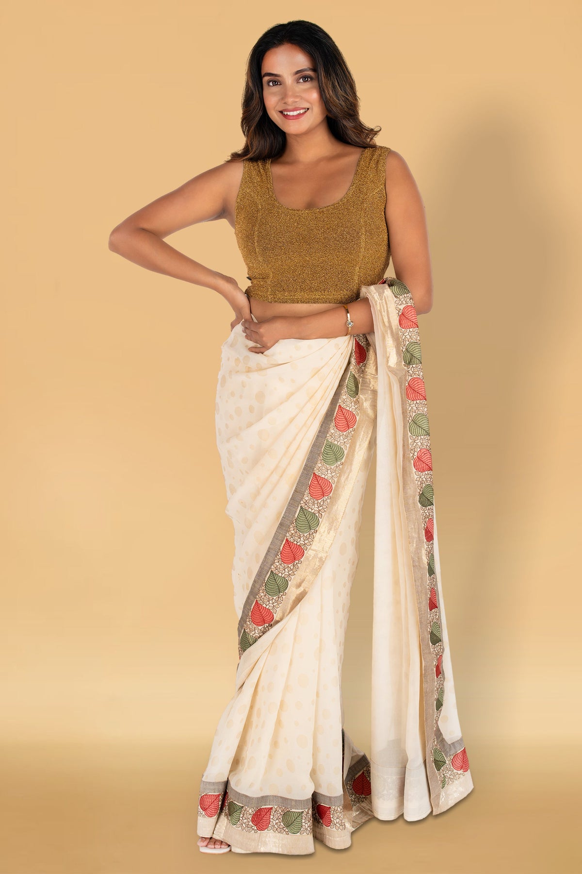 Abhi Cotton Readymade Saree Blouse for Women- 3/4 Sleeve, Round Neck, Regular-fit, Stretchable, Pull-on StyleAbhi Golden Glitter Readymade Saree Blouse for Women- Sleeveless, Round Neck, Regular-fit, Stretchable, Pull-on Style