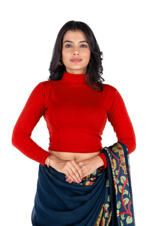 Abhi Cotton Readymade Long Sleeve,High Neck Blouse, Stretchable, Pull-on Style Red