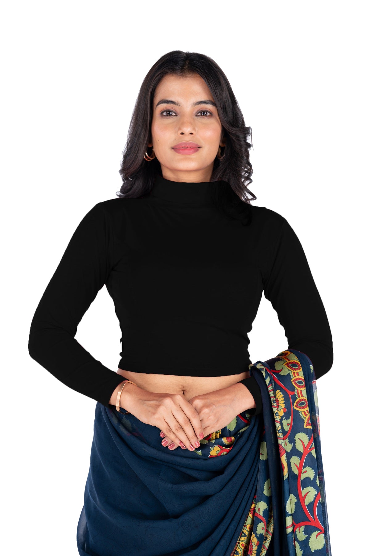 Abhi Cotton Readymade Long Sleeve,High Neck Blouse, Stretchable, Pull-on Style Black