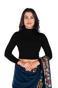 Abhi Cotton Readymade Long Sleeve,High Neck Blouse, Stretchable, Pull-on Style Black