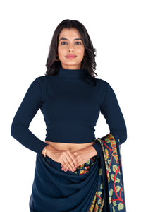 Abhi Cotton Readymade Long Sleeve,High Neck Blouse, Stretchable, Pull-on Style Navy Blue