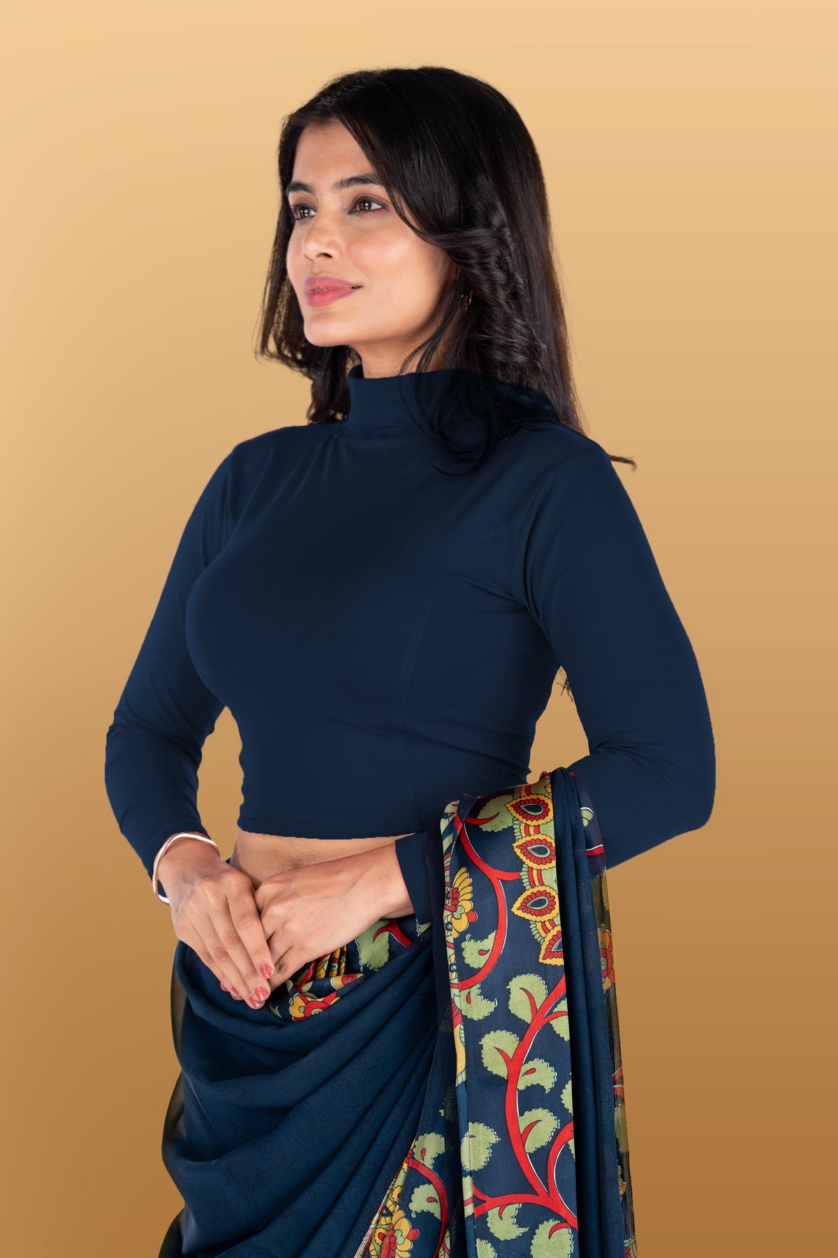 Abhi Cotton Readymade Long Sleeve,High Neck Blouse, Stretchable, Pull-on Style