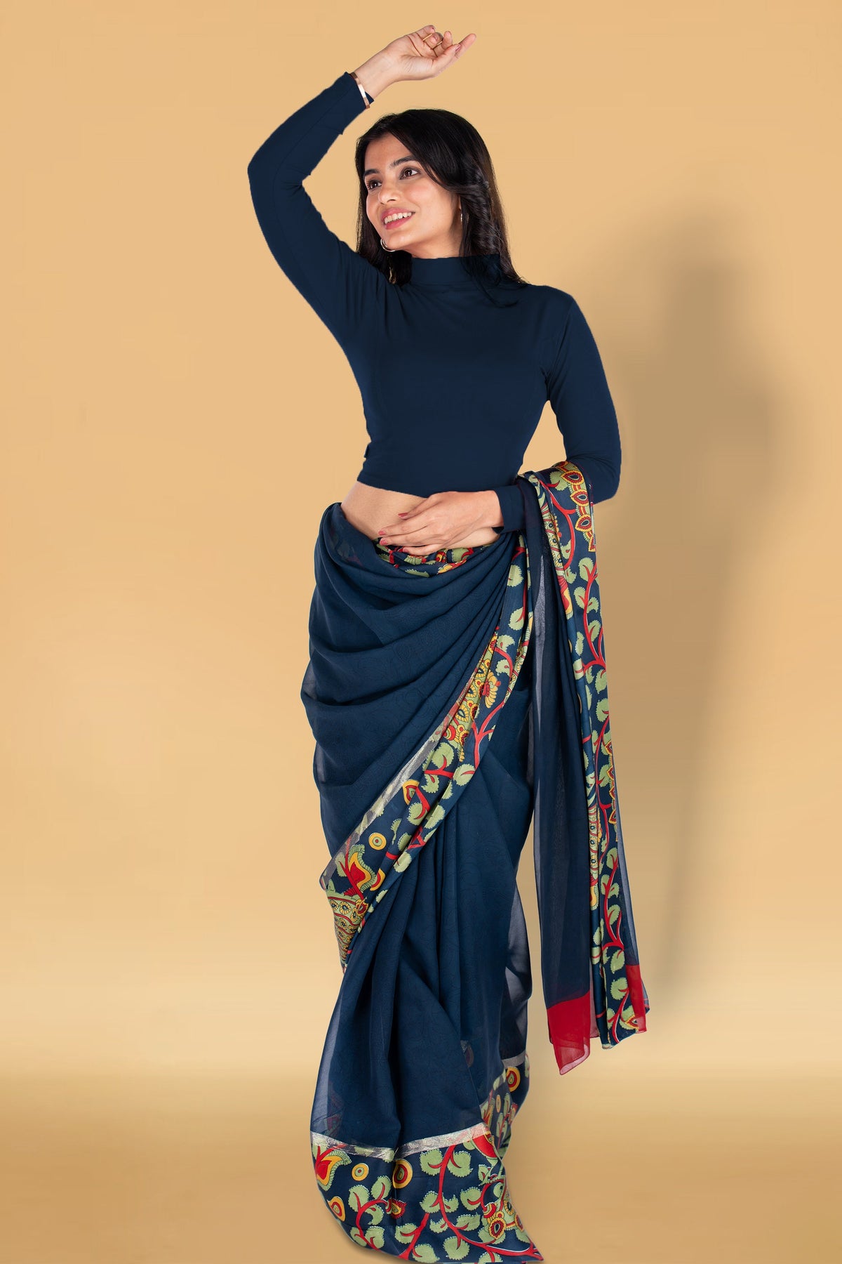 Abhi Cotton Readymade Long Sleeve,High Neck Blouse, Stretchable, Pull-on Style