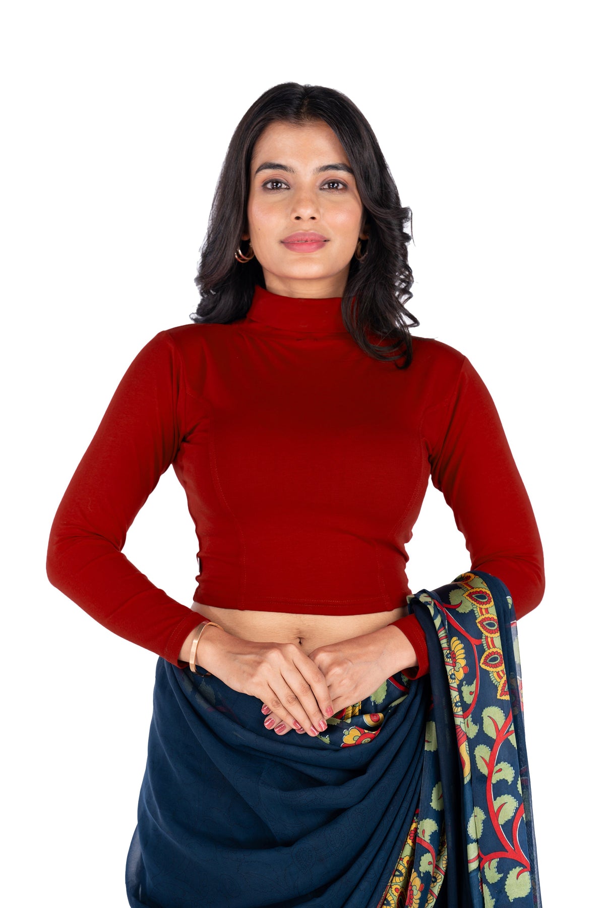 Abhi Cotton Readymade Long Sleeve,High Neck Blouse, Stretchable, Pull-on Style Maroon