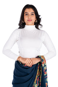 Abhi Cotton Readymade Long Sleeve,High Neck Blouse, Stretchable, Pull-on Style White