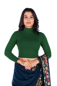 Abhi Cotton Readymade Long Sleeve,High Neck Blouse, Stretchable, Pull-on Style Bottle Green