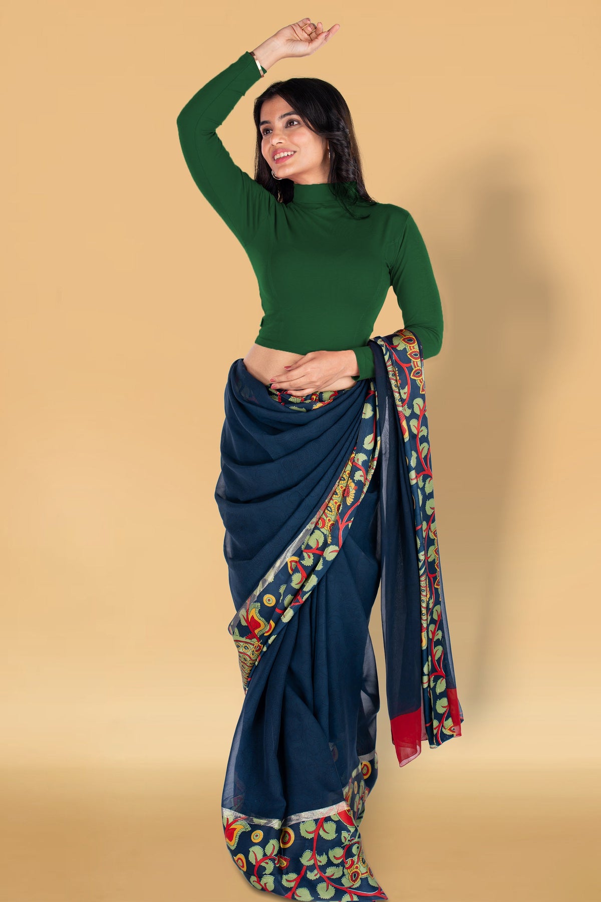 Abhi Cotton Readymade Long Sleeve,High Neck Blouse, Stretchable, Pull-on Style